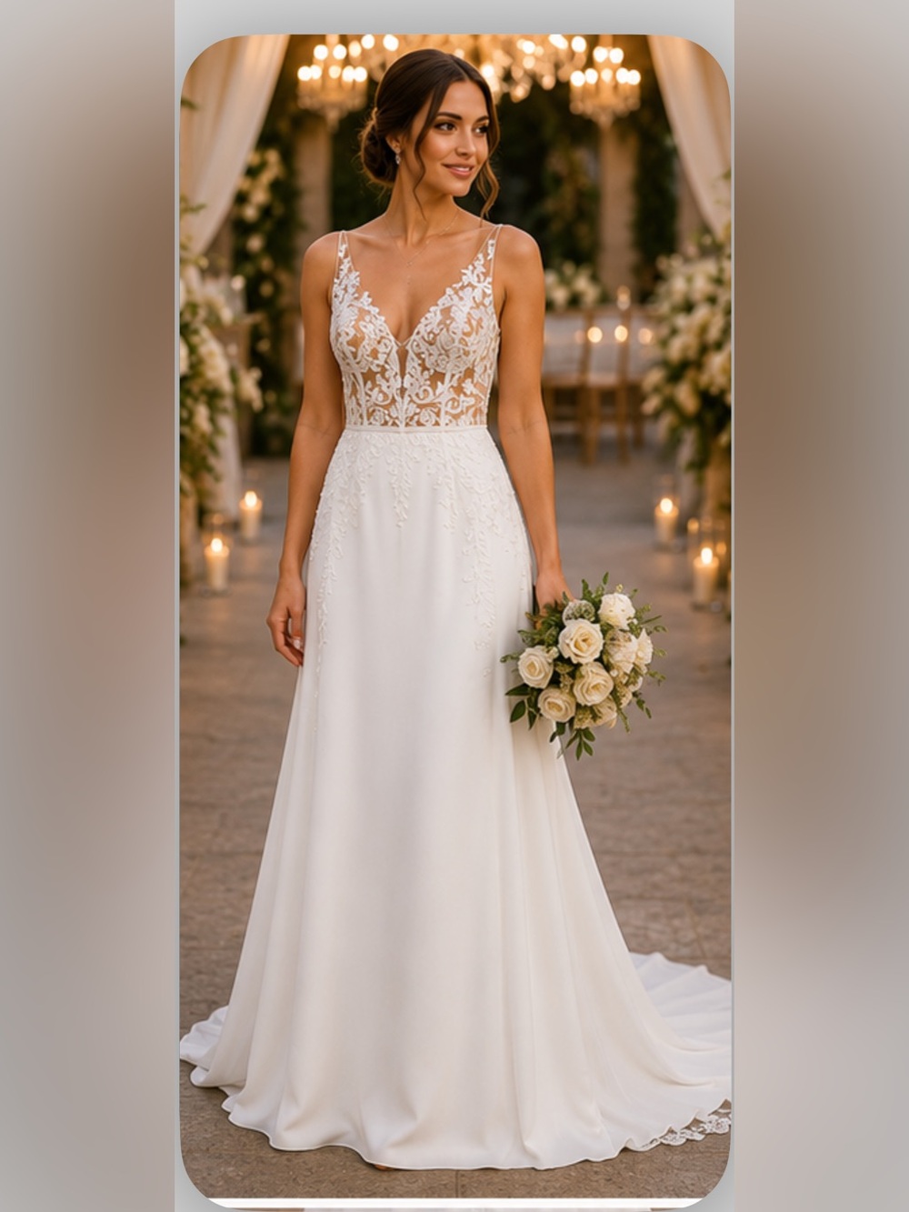 Lace Appliqué A-Line Wedding Gown in Ivory - Picture 1 of 12